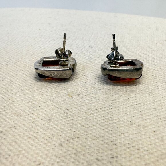 Sterling Silver Honey Baltic Amber Rectangular‎ Stud Earrings Marked - Picture 12 of 16